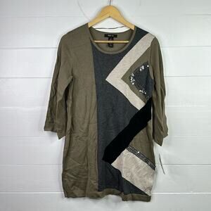 STYLE & CO. Brown Tan Gray Sequin Colorblock 3/4 Sleeve Scoop Neck Tunic Size S